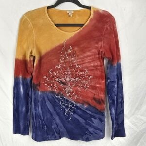 Reba Bohemian Colorful Tie Dye Rhinestones Hippie Thermal Long Sleeve Top sz S